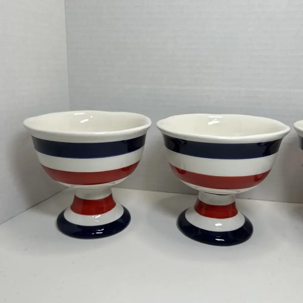 Grace's Teaware ICE CREAM Dessert Bowl Ceramic Blue Red White Striped Qty 4